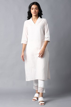 Off-White Printed Kurta With Embroidery